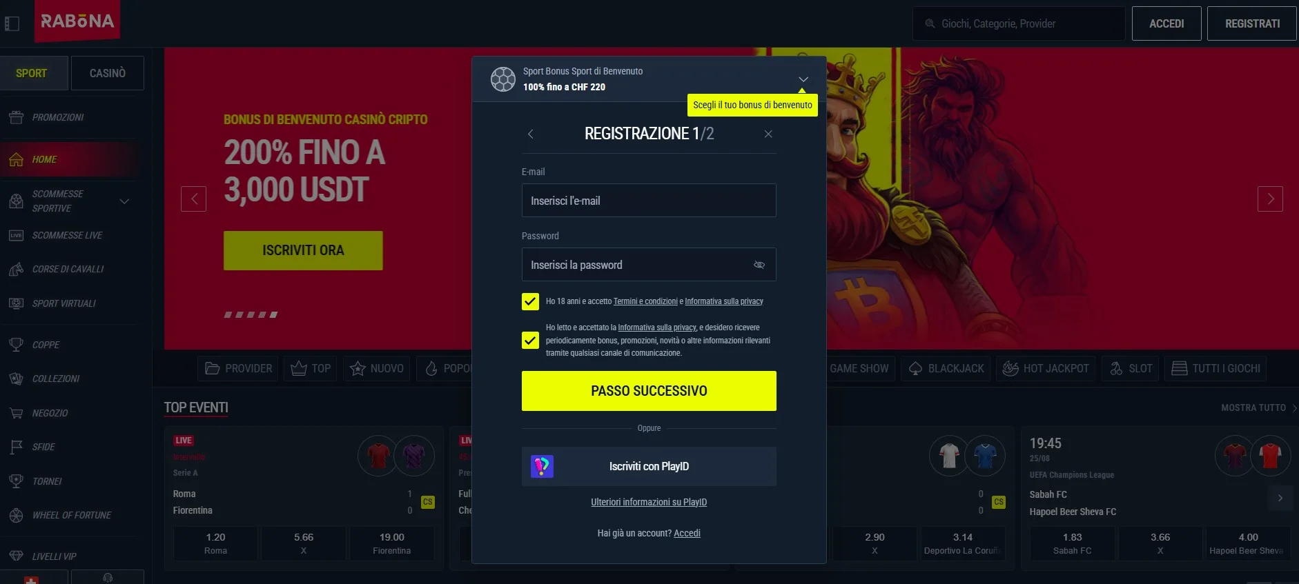 Bonus di benvenuto di Rabona Casino con 200 giri gratis